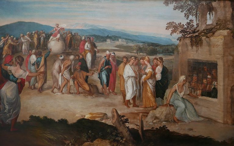 « Allégorie sur la poursuite de la fortune », Lambert Sustris : « Ce tableau, complexe, comprenant de multiples personnages, représente une allégorie de la fortune dans ses deux acceptions possibles : la richesse et la destinée. Incarnée par une femme aux yeux bandés en haut à gauche de la scène, elle siège sur un globe, illustrant sa domination du